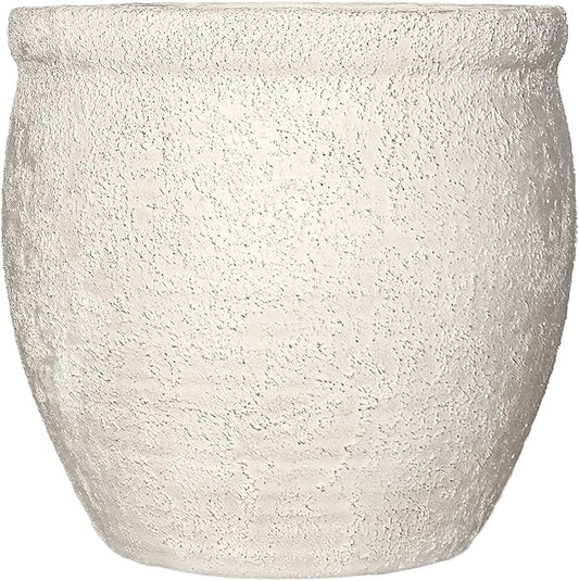 12" Dia Fiberstone Planter – Modern Farmhouse Indoor/Outdoor Flower Pot, Beige Container with Grainy Matte Texture & Built-in Drainage Hole | Decorative Pot for Patio, Porch, Garden