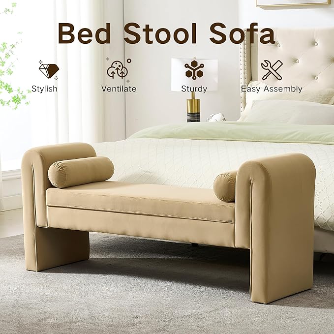 Velvet Bench for Bedroom End of Bed, 60.5- inch Upholstered Button Tufted Ottoman Bench with Rolled Arms, Button-Tufted Ottoman for Living Room, Entryway (Apricot)