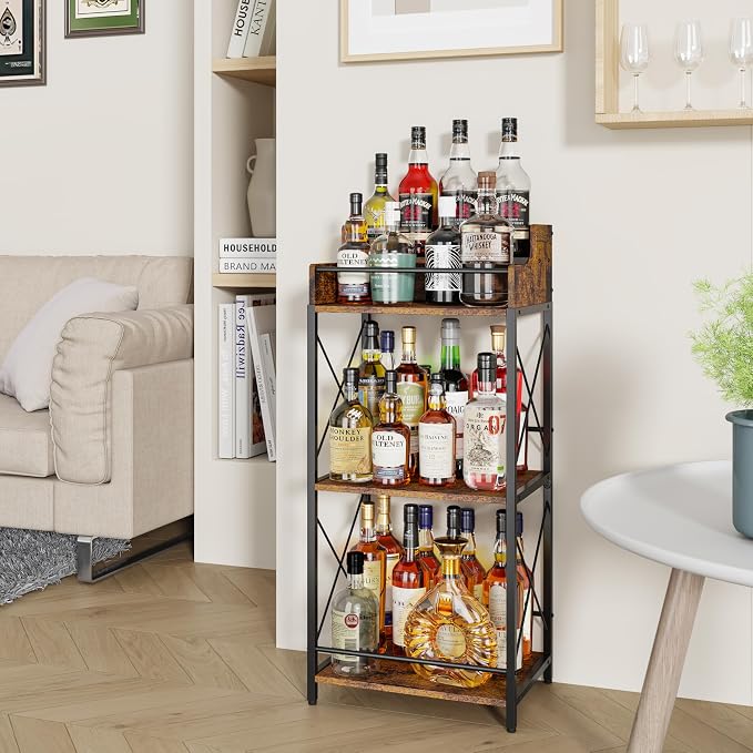 KLM Liquor Bottle Display Shelf, Coffee Syrup Rack Organizer, 3 Step Countertop Wine Rack, Mini Bar, Retro Bar Shelf Stand for Whiskey, Spirits.(Brown)