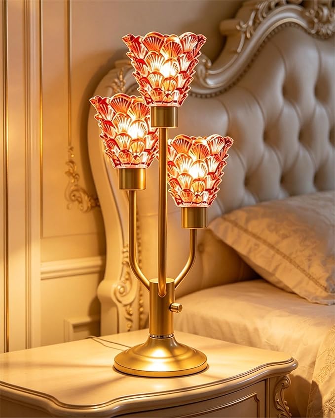 Lightdot Modern Glass Table Lamp for Living Room Dimmable Mid Century Desk Lamp with Thickened Red Glass 3 Bulbs Included 3000K Warmwhite Nightstand Lamp for Bedroom Bedside End Table-Gold