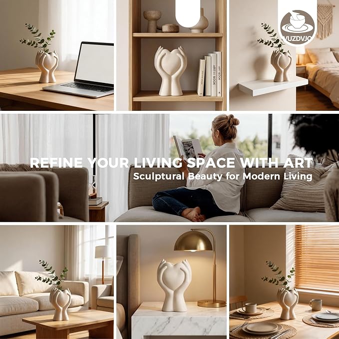 8 Inch Heart Hand White Ceramic Vase - Unique Modern Aesthetic Flowers Vase for Living Room Bedroom Office Kitchen Table Centerpiece or Shelf Decor (Cream White)