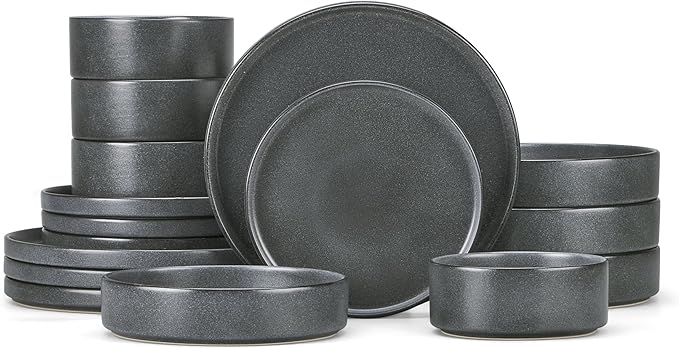 Herogo 16 Piece Plates and Bowls Set, Ceramic Dinnerware Sets with Pasta Bowls, Kitchen Dinner Ware Dishes Service for 4, Chip & Scratch Resistant Dishware, Dark Gray