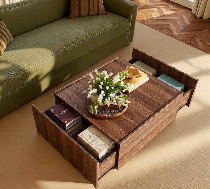 win2win Square Coffee Table with Storage, Mid Century Modern Coffee Table with Wave Design, Wood Grain Finish, Minimalist Center Table with Top-Edge Finger Pull Design for Living Room, Office, Walnut