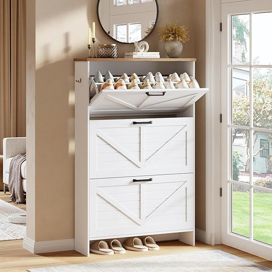 Shoe Storage Cabinet for Entryway, Nicetree Freestanding Shaker Barn Door Ultra Slim Shoe Cabinet With 3 Flip Drawers, Farmhouse Shoe Rack With 3-Tier Adjustable Shelves For Hallway Foyer Rustic-White
