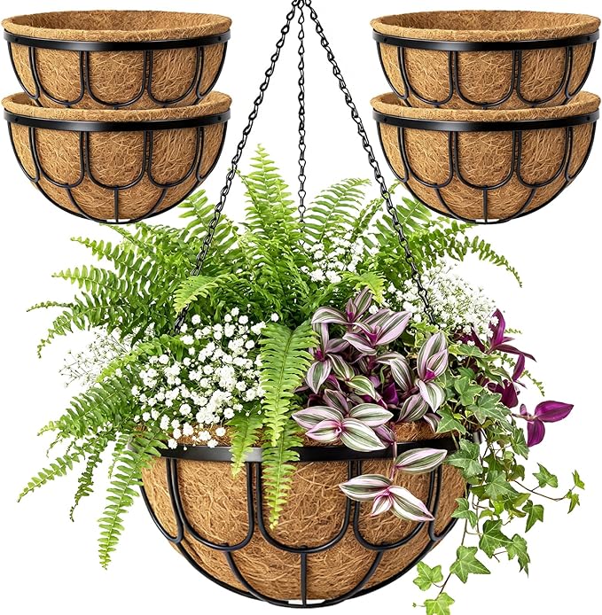 4 Pack 14 Inch Hanging Planters for Outdoor Plants, Black Metal Wire Hanging Flower Baskets with Coco Coir Liner, Large Hanging Plant Pots for Garden, Patio, Balcony, Indoor Home Decor