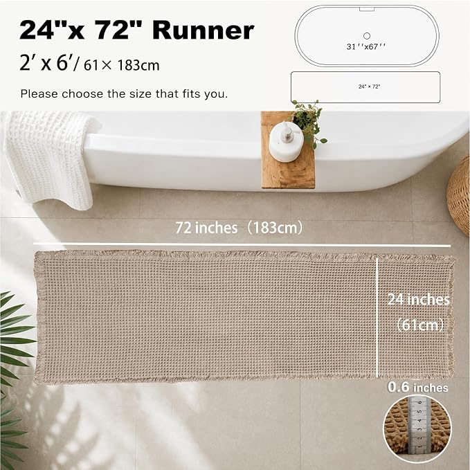 Upgraded Waffle Bath Mat with Rubber Backing Non-Slip Boho Bathroom Rug with Tassels, Ultra Absorbent & Soft Woven Shower Mat, Machine Washable, Multi-Size Options (Beige, 24"×72")