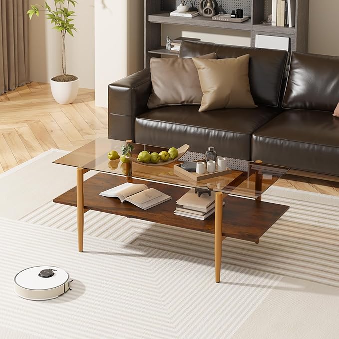 Furnify Glass Coffee Table, Rectangle Living Room Center Table with Golden Legs, Mid-Century Modern Accent Tables with Open Shelf for Living Room, Office, Brown