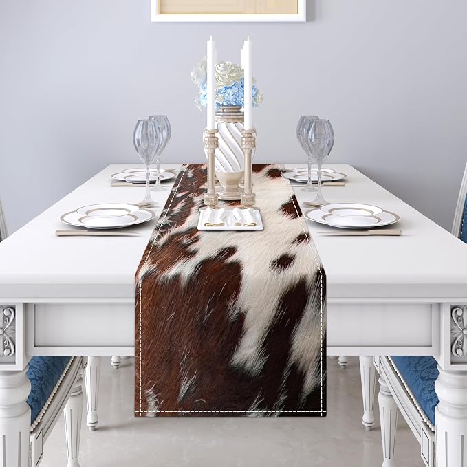 Linen Cow Print Table Runner 13x71 Inch Farmhouse Western White Brown Cowhide Runners Table Decorations Rustic Coffee Table Runner for Home Kitchen Dining Room