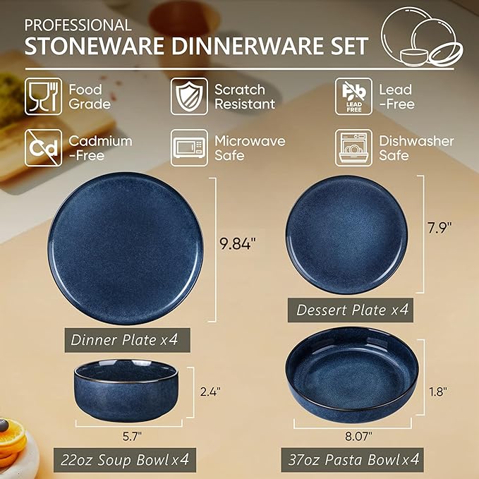 Herogo Dinnerware Sets with Pasta Bowls for 4, 16 Piece Dinner Salad Plates and Cereal Serving Bowls, Stoneware Dishes Dinner Ware for Home Kitchen, Dishwasher & Microwave Safe, Starry Blue