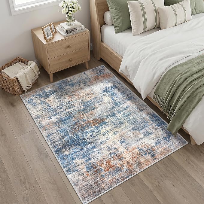 IOHOUZE Abstract Area Rug 4x5 Ft Washable Rugs for Entryway Indoor, Non Slip Small Living Room Rugs Printed Faux Wool Throw Rug, Floor Carpet for Kitchen Nursery Playroom, Blue Rust