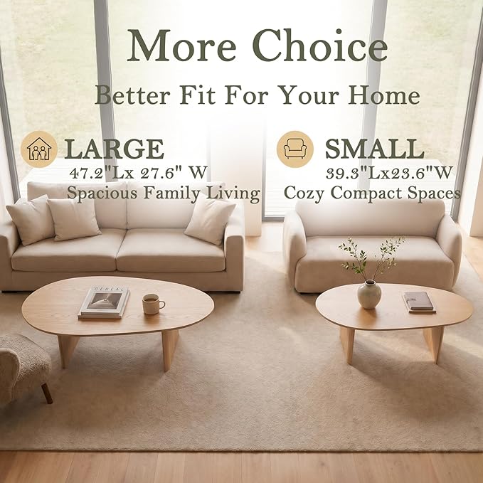 Honyee Oval Coffee Table, 47.2" Wood Coffee Table for Living Room, Modern Wooden Center Table with Solid Wood Veneer Legs, Sturdy Rounded Edge Design, Easy Assembly, Apartment Friendly, Natural