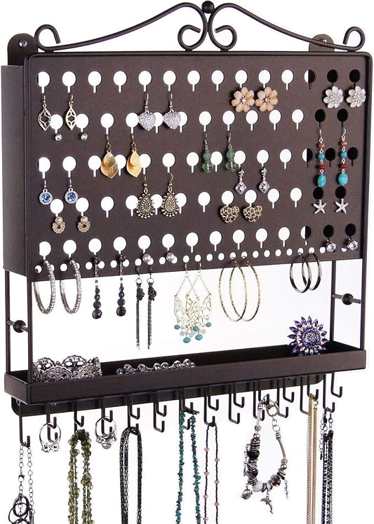 Angelynn's Wall Mounted Earring Holder Necklace Organizer for Small and Medium Post Stud Dangle Pierced Earrings, Hanging Closet Jewelry Storage Rack with Tray, AAA Rubbed Bronze 14 1/2" x16 1/4"