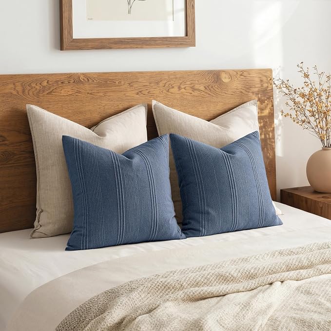MIULEE Striped Euro Sham Pillow Covers 24x24 Decorative Textured Throw Pillow Covers Pack of 2 Linen Cushion Cases for Couch Bed Sofa Livingroom Farmhouse Home Decor, Blue