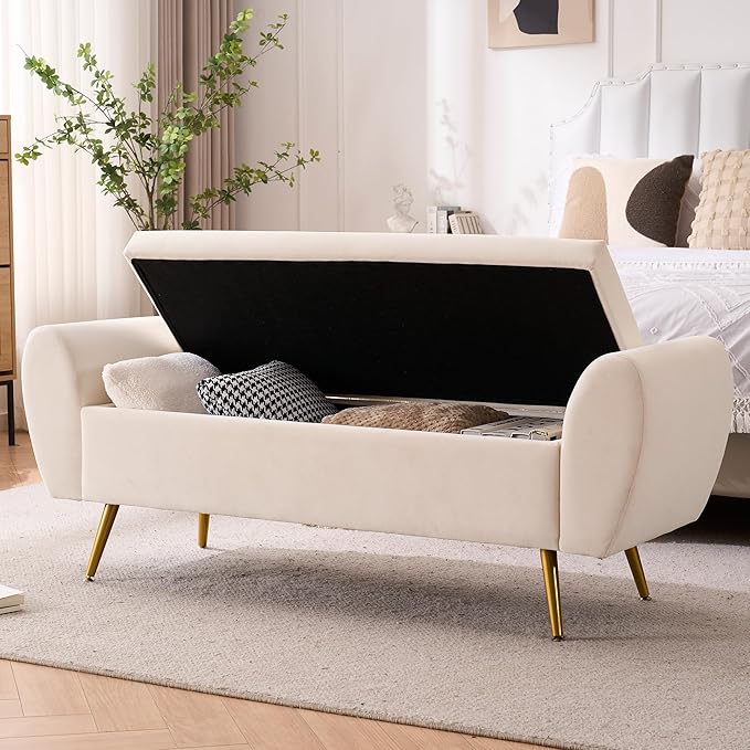 Storage Bench for Bedroom, 55" Extra Long Bench for King Size Bed, Modern Upholstered End of Bed Ottoman Bench with Arms for Entryway Living Room (Velvet, Ivory White)