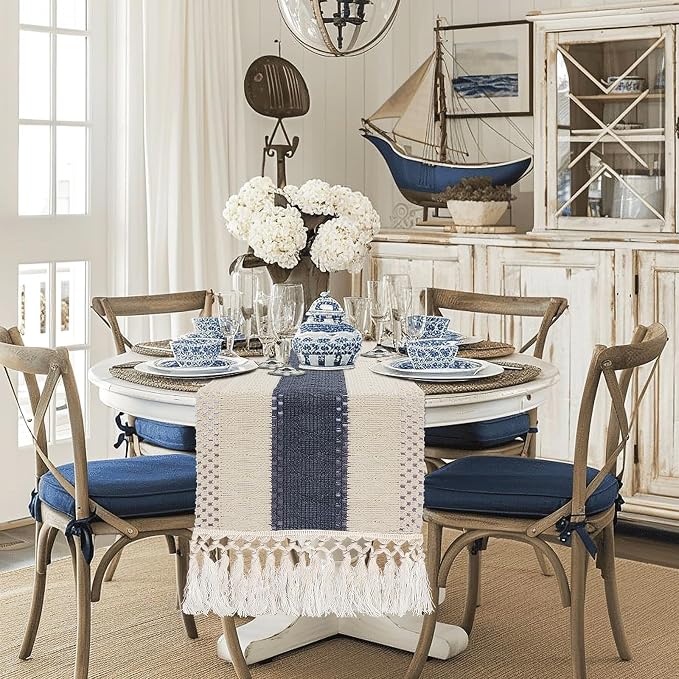 yuboo Boho Macrame Dresser Runner, Navy Blue Coffee Table Runner Short, Rustic Summer Coastal Table Runner Farmhouse Style for Nightstand, End Table, Desk Table, Bohemian Dresser Decor, 48 Inches Long