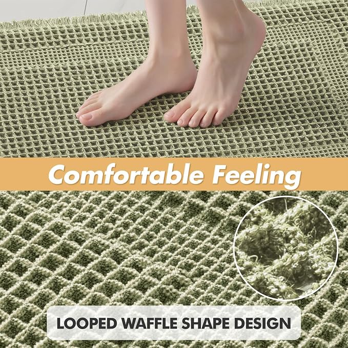 MIULEE Set of 2 Waffle Bathroom Rugs, Boho Bath Rug Super Absorbent, Non Slip Washable Ultra Soft Rubber Backed Shower Bath Mats for Floor, Tub, Shower, Looped Design, Sage Green, 17x24 Inch