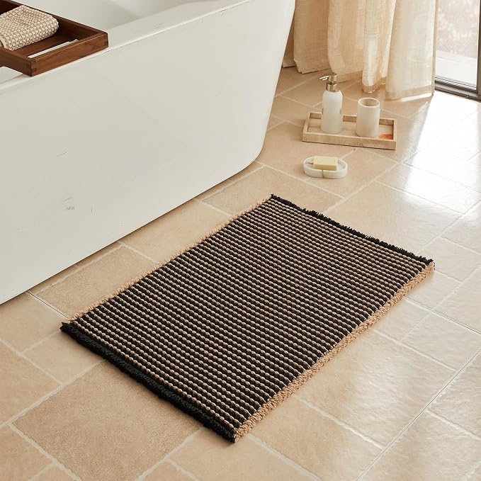 Triohero Waffle Bath Mat, Small Boho Bathroom Rugs Non Slip Washable, Ultra Soft Super Absorbent Quick Dry Farmhouse Bathroom Decor, 16" x 24", Black & Khaki