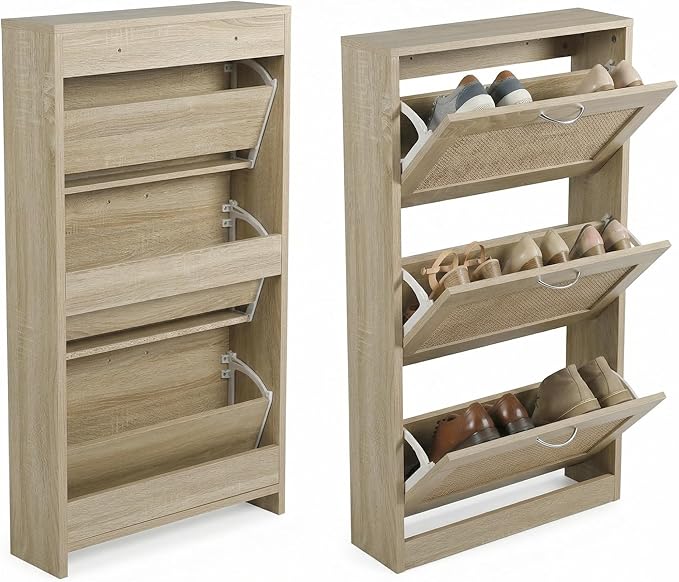 HOPUBUY Rattan Shoe Cabinet for Entryway, Narrow Shoe Storage Cabinet with 3 Flip Drawers, Hidden Shoe Cabinet Wood 3 Tier Slim Shoe Rack for Home and Apartment, Nature | Shoe Storage Cabinet, Hidden, Shoe Cabinet Wood, Slim, Shoe Rack