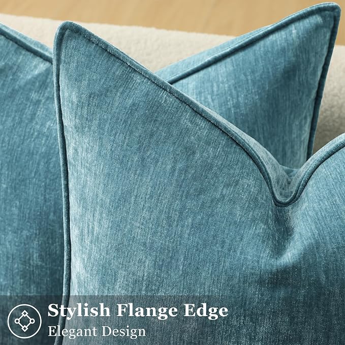 decorUhome Summer Couch Euro Sham Throw Pillow Covers 26x26 Set of 2, Decorative Soft Velvet Modern Cozy Chenille Pillow Cases with Elegant Design for Sofa Bed Living Room Home Decor, Teal
