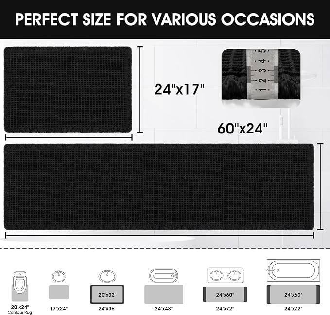Upgraded Waffle Bath Mat Set 2 Piece Black, Super Absorbent Non-Slip Quick Dry Bathroom Rugs with Tassels, Machine Washable Ultra Soft Boho Bath Rugs for Floor, Toilet Mats Boho Farmhouse Decor