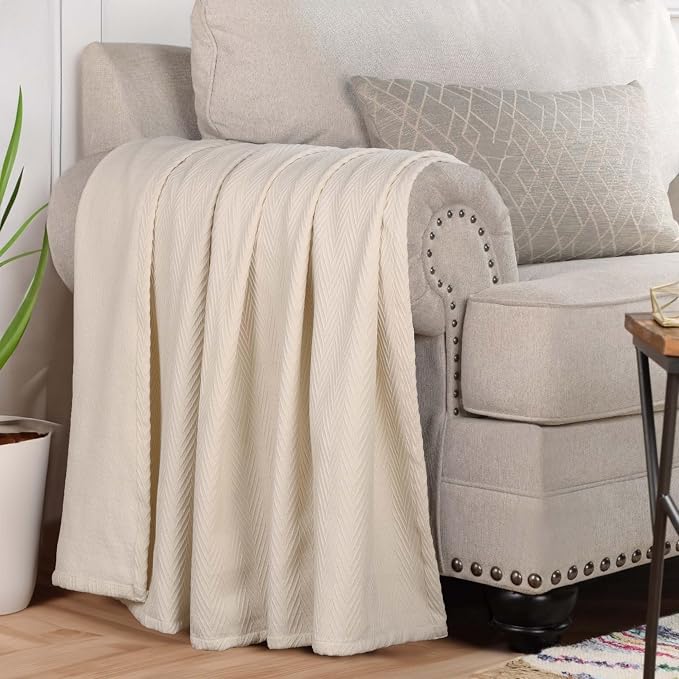 Superior Metro 100% Cotton Blanket, Perfect for Bedroom, Living Room, Couch, Picnics, Travel, Beach, or Camping, Comfy Blanket, Bedroom Decor, Essentials, Zig-Zag Cover for Bed, King, Ivory