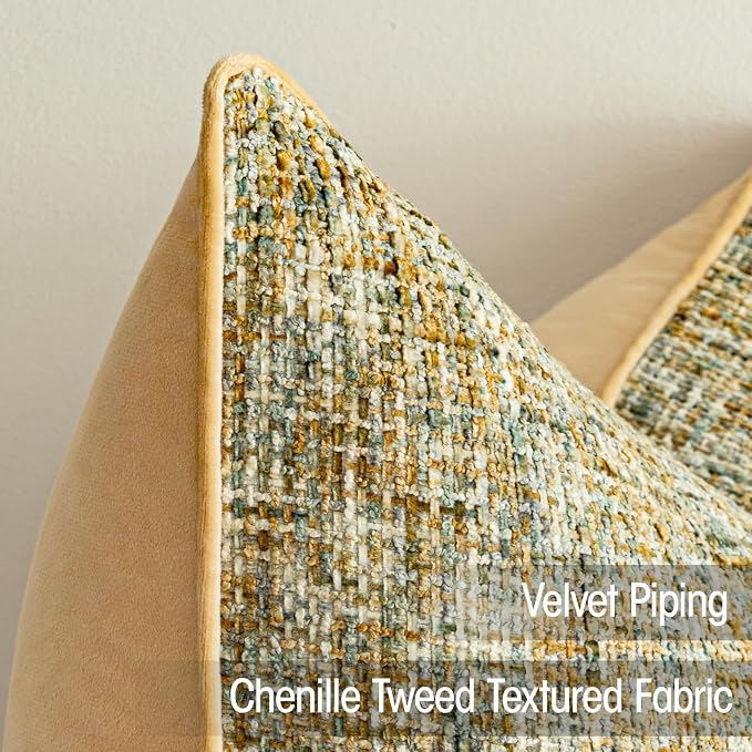 a moment Yellow Reversible Pillow Covers 2 Pack - Farmhouse Chenille Velvet Throw Pillows, Neutral Textured Decorative Throw Pillow Covers with Border for Couch Sofa Bed (24x24 Inch, No Insert)