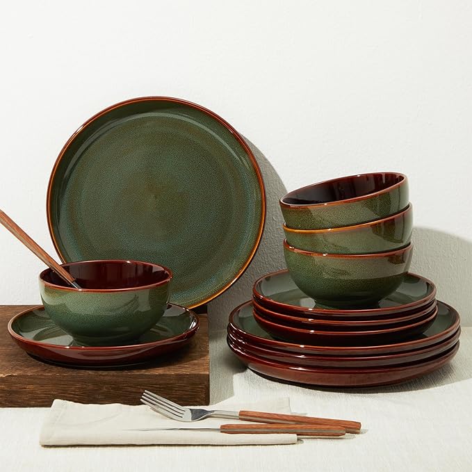 Pokini Stoneware Dinnerware Sets for 6, Microwave Safe Plate and Bowl Set, Easy to Clean & Durable Dishes Sets for Small to Medium Families, Sage Green
