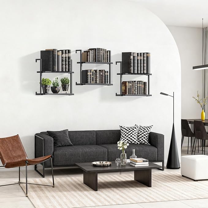 Wall Mounted Bookshelves Set of 3, Floating Shelves for Wall, 6-Tier Wooden Hanging Bookshelf, Easy Installation Book Organizer for Home Office, Living Room, and Bedroom