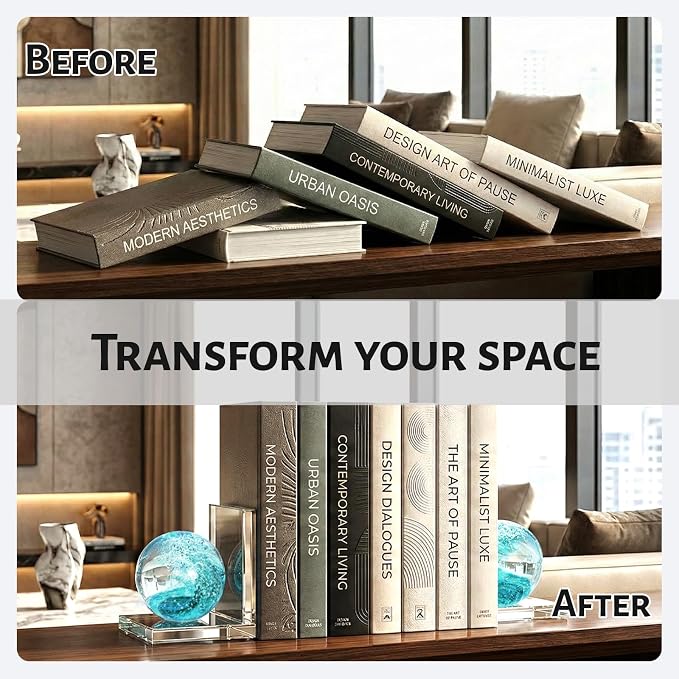 Glass Book Ends Set of 2, Handmade L-Shaped Bookends with Sea Wave Ball Design – Non Skid Heavy Duty Book Stopper for Shelves, Desk, and Home Office Decorative