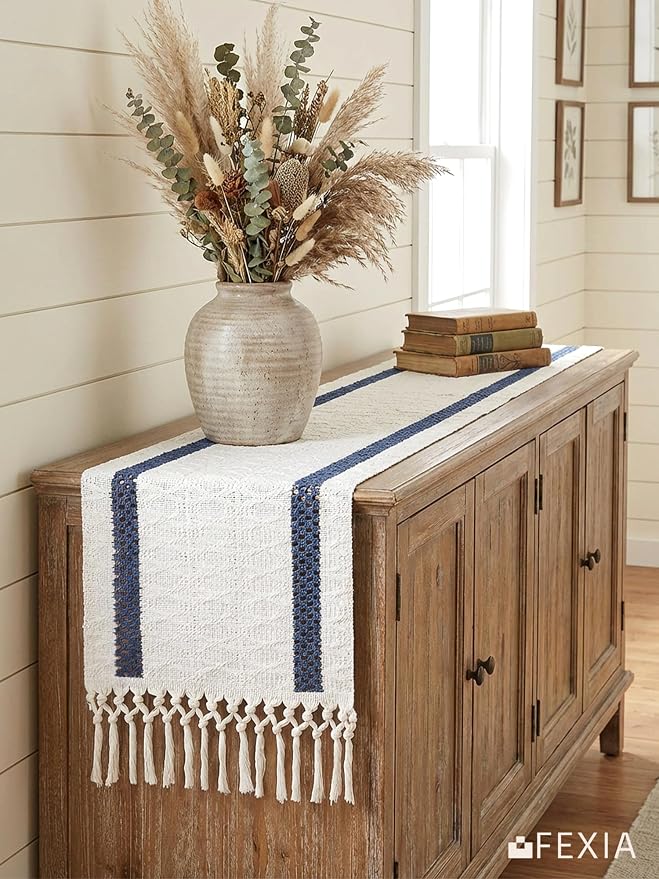 FEXIA Boho Blue Table Runner for Easter Decor 72 Inches Long with Tassels Macrame Farmhouse Style Spring Party Rustic Wedding Baby Bridal Shower Dining Decor (12x72 Inches)