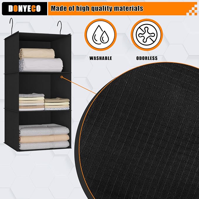 Hanging Closet Organizer - 3-Shelf, Easy Mount Foldable Wardrobe Storage Shelves for Clothes, Handbags, Shoes & Accessories - Washable Oxford Cloth Fabric, Black