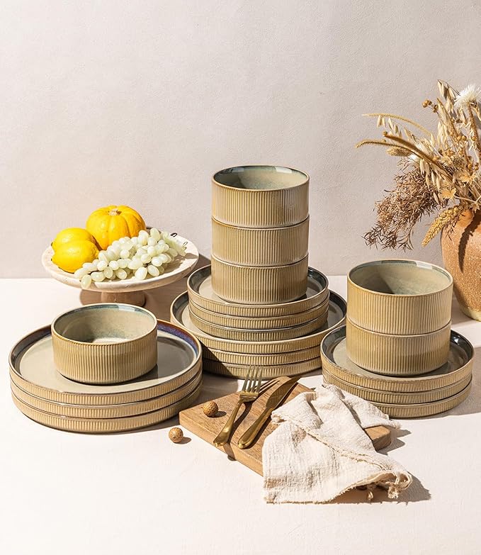 GBHOME Stoneware Dinnerware Sets for 4, 12 Pieces Ceramic Ribbed Plates and Bowls Set, Reactive Glaze Stackable Plate Sets, Scratch Resistant Dishes, Microwave & Dishwasher Safe, Pale Khaki