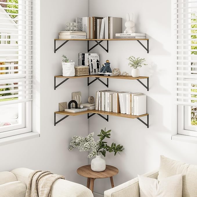 Heimlove Deep Floating Shelves for Wall, 12 Inch Deep Floating Shelves Set of 3, 16W x 12D Wood Wall Shelves, Wide Wood Shelves with Metal Bracket for Living Room, Kitchen, Office, Bedroom - Oak