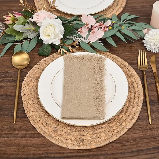 60 Pack Caramel Napkins Cotton Linen Napkin 16 x 16 Inch Caramel Napkins Cloth Handmade with Fringe Soft Washable Rustic Dinner Napkin Cloths for Wedding Party Dinner Table