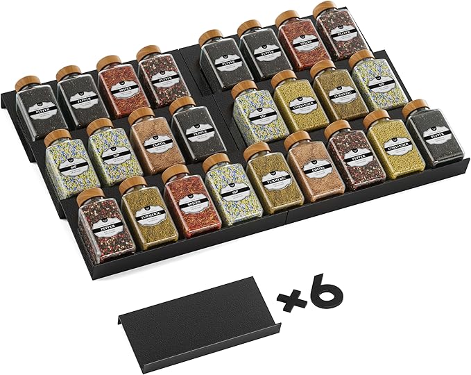 Aluminum Spice Drawer Organizer, Spice Rack Tray for Kitchen Cabinet, 6 Pieces Set-Expandable Seasoning Storage Rack From 8"-16" Insert for Drawer/Countertop (Jars Not Included)
