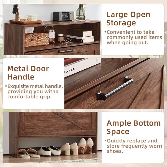 RWYHG Shoe Cabinet Storage for Entryway with 2 Flip Drawers Open Storage Layer Rack Narrow Organizer Slim Hidden Wood Shoe Cabinet Furniture Walnut