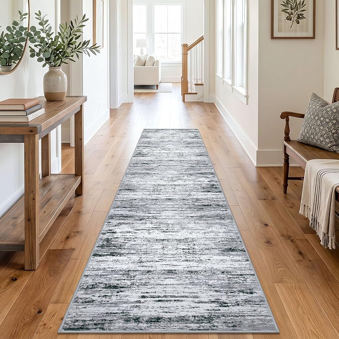 Lansny Modern Abstract Runners for Hallways 2x10, Washable Runner Rug Non-Slip Indoor Soft Long Hallway Runner Rug, Thin Print Faux Wool Floor Carpet for Hall Entryway Kitchen, Black Grey White