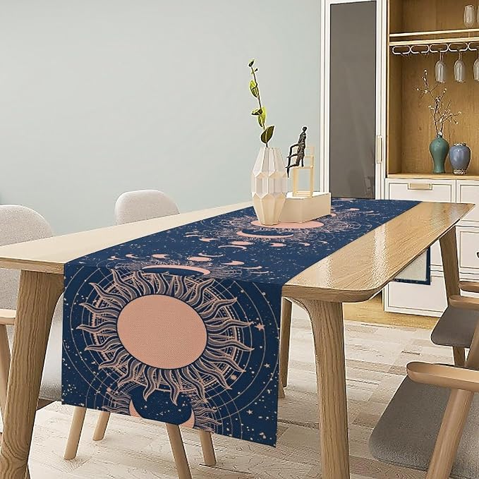 Moon Sun Table Runner, Mystical Blue Space Galaxy Moon Phase Boho Astrology Table Decoration Runner for Kitchen Dining Party Wedding Picnic, 13x90 Inch