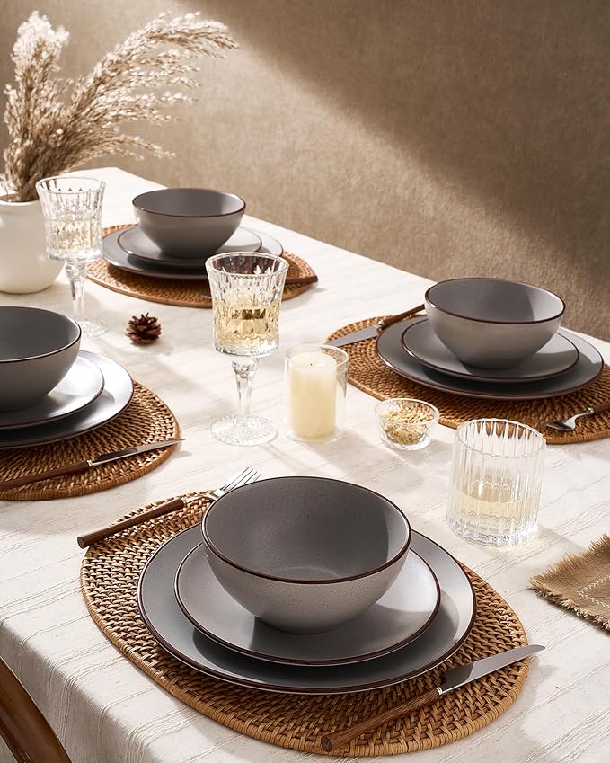 Famiware Venus Speckled Dinnerware Set with Pasta Bowls for 4 (16 Pieces), Stoneware Plates and Double Bowls, Matte Dark Gray - Microwave & Dishwasher Safe Dishes with Trim for Everyday & Formal Use