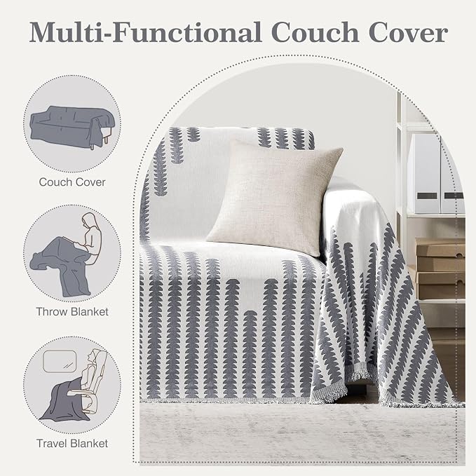 Couch Cover Boho for Dogs Washable Grey Couch Covers for 2 Cushion Couch, Chenille Sectional Couch Covers L Shape Sofa Cover, Furniture Protector for Kids, Pets, Grey 91" X118"