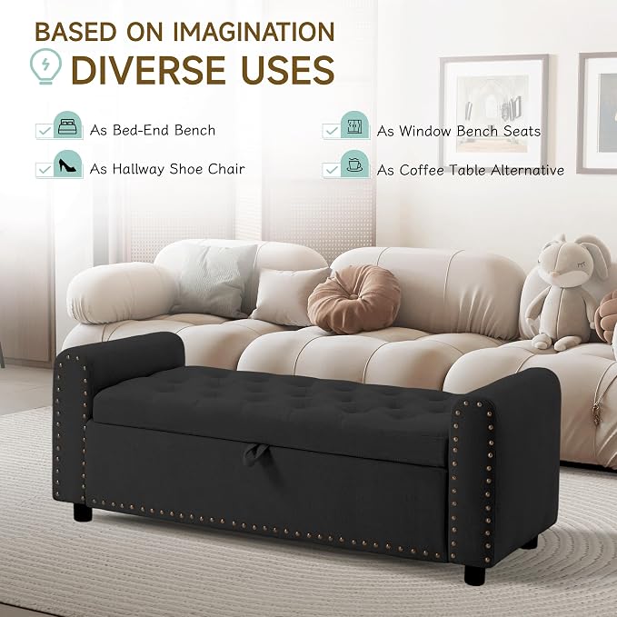 Ottoman with Storage, Tufted Storage Bench for Bedroom, 48" Fabrics End of Bed Bench, Upholstered Entryway Shoe Benches with Rolled Arm & Inner Zipper, Window Ottomans Chest with Rivets, Black