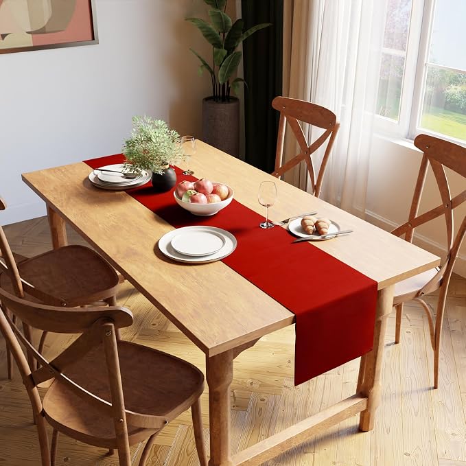Encasa XO Dining Table Runner 13"x98" | Yarn Dyed Fine Ribbed Cotton | Solid Red | Machine Washable