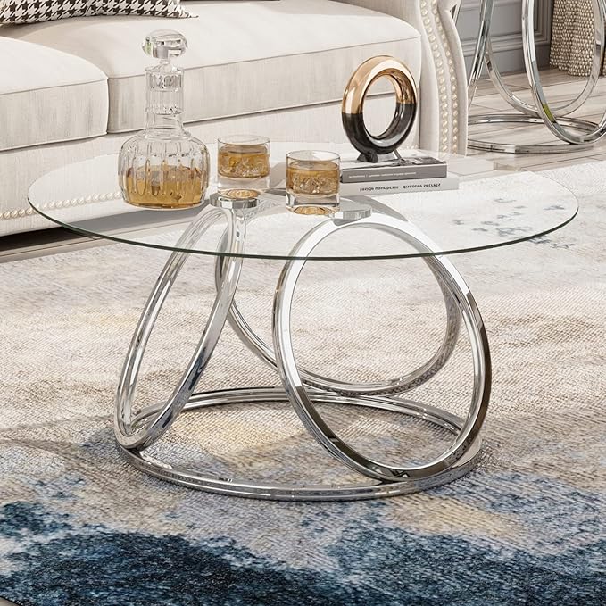 O&K FURNITURE Silver Coffee Table, Modern Glass Coffee Table Living Room Table with Ring-Shaped Frames, Glass Coffee Table for Home&Office, Chrome Finish, 1 PC | Modern, Living Room Table, Glass Coffee Table, Home&Office, 1 PC