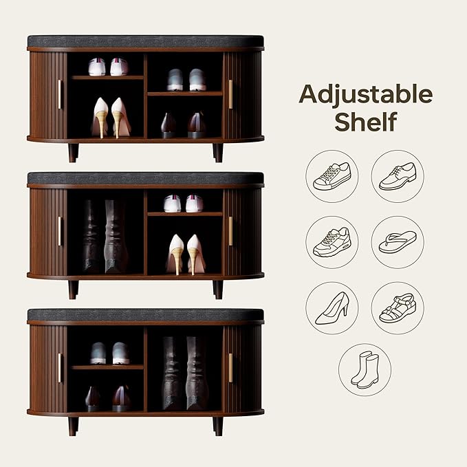 DHH 2-Tier Storage Bench,Wide Shoe Bench with Thickened Padded Seat Cushion, Mid Century Modern Fluted Sliding Door and Adjustable Shelf, for Entryway, Living Room, Bedroom (Walnut, 35.4“)