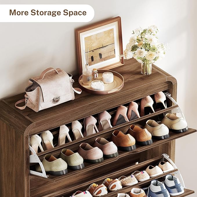 TEENFON Shoe Cabinet with 3 Flip Drawers & Adjustable Shelves, Narrow Freestanding Shoe Storage Cabinet for 18-27 Pairs, Hidden Slim Shoe Rack Cabinet for Entryway, Walnut