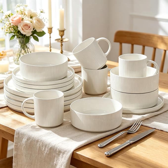 MONITO Ceramic Dinnerware 16 Pieces Dinner Set,Plates Pasta Bowls Cereal Bowls Reactive Change Glaze Dish Sets, Modern Stoneware Dishes,Gift, Creamy white