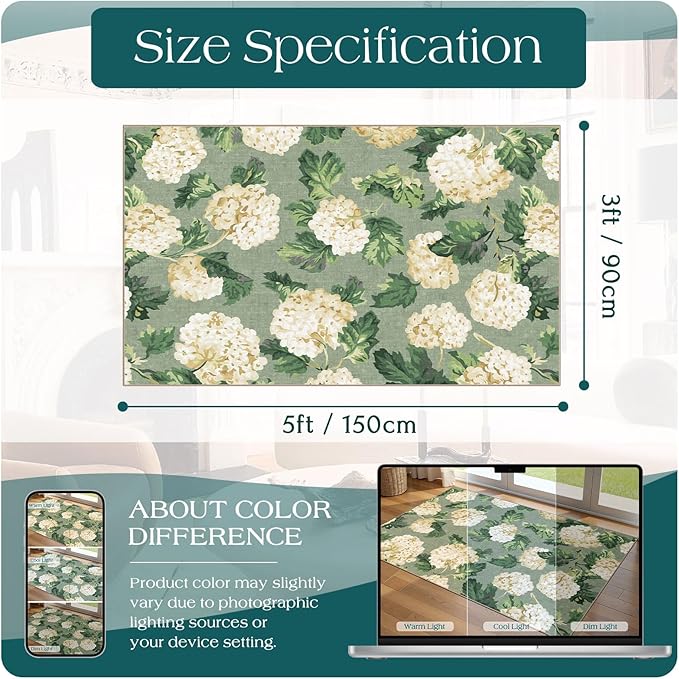 3x5 Floral Entry Rug - Small Washable Indoor Outdoor Mats for Front Door Non-Slip Porch Rug Sage Green Spring Flower Throw Rugs for Living Room Bedroom Entryway Kitchen Office Porch Decor