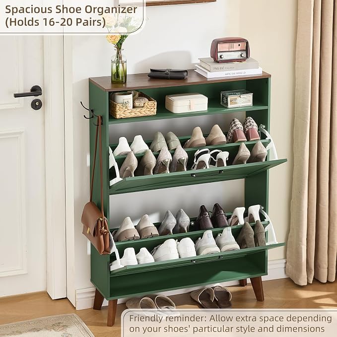 Joaxswe Shoe Cabinet Storage for Entryway with 2 Flip Drawers 2 Hook Open Storage Layer Rack Narrow Organizer Slim Hidden Wood Shoe Cabinet Furniture Dark Green