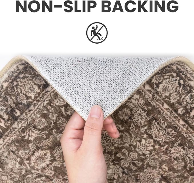 SIILOOM 2x10 Washable Runner Rug for Kitchen, Rust Reddish Brown Soft Classic Runner with Non-Slip, Non-Shedding Distressed Floral Rug for Hallways Entryway Bedroom Laundry Indoor