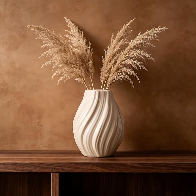 Modern White Ceramic Vase,Nordic Boho Geometric Striped Round Decorative Vase for Living Room,Shelf, Wedding&Dining Table Centerpiece, Farmhouse Home Decor, Office Decoration (Coffee Brown)